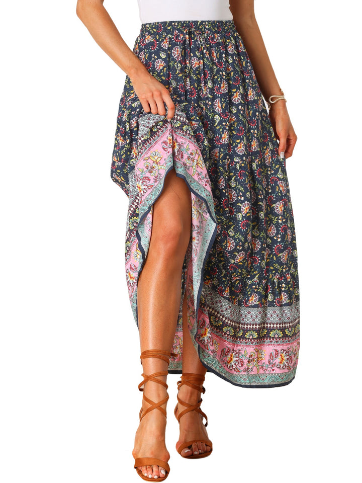 Bohemian women's printed maxi skirt, high waist, flowing design with a unique side slit.