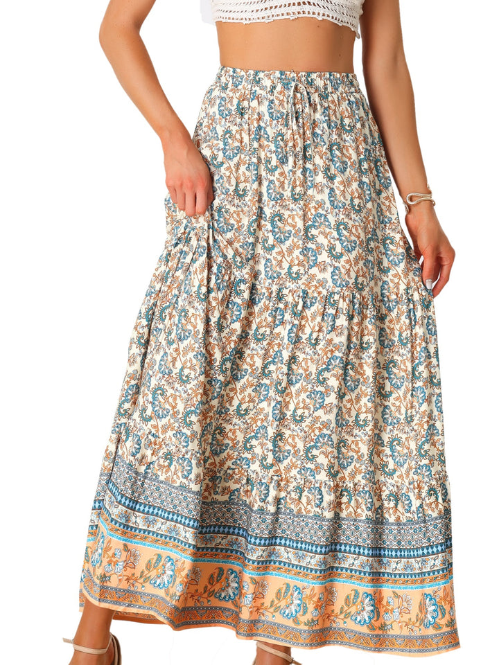 Bohemian flowing maxi skirt, high waist, striking print & elegant side slit, women's fashion.