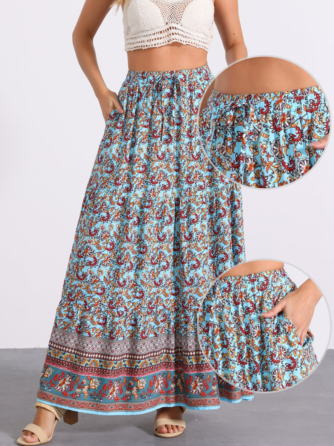 Printed high waist maxi skirt with a flowing side slit, ideal for a casual day out.