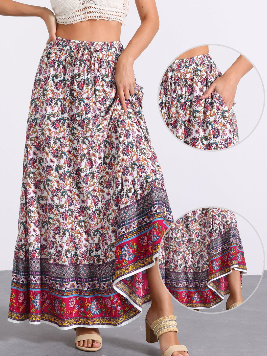 Elegant women's printed high waist maxi skirt, flowing design with a fashionable side slit.