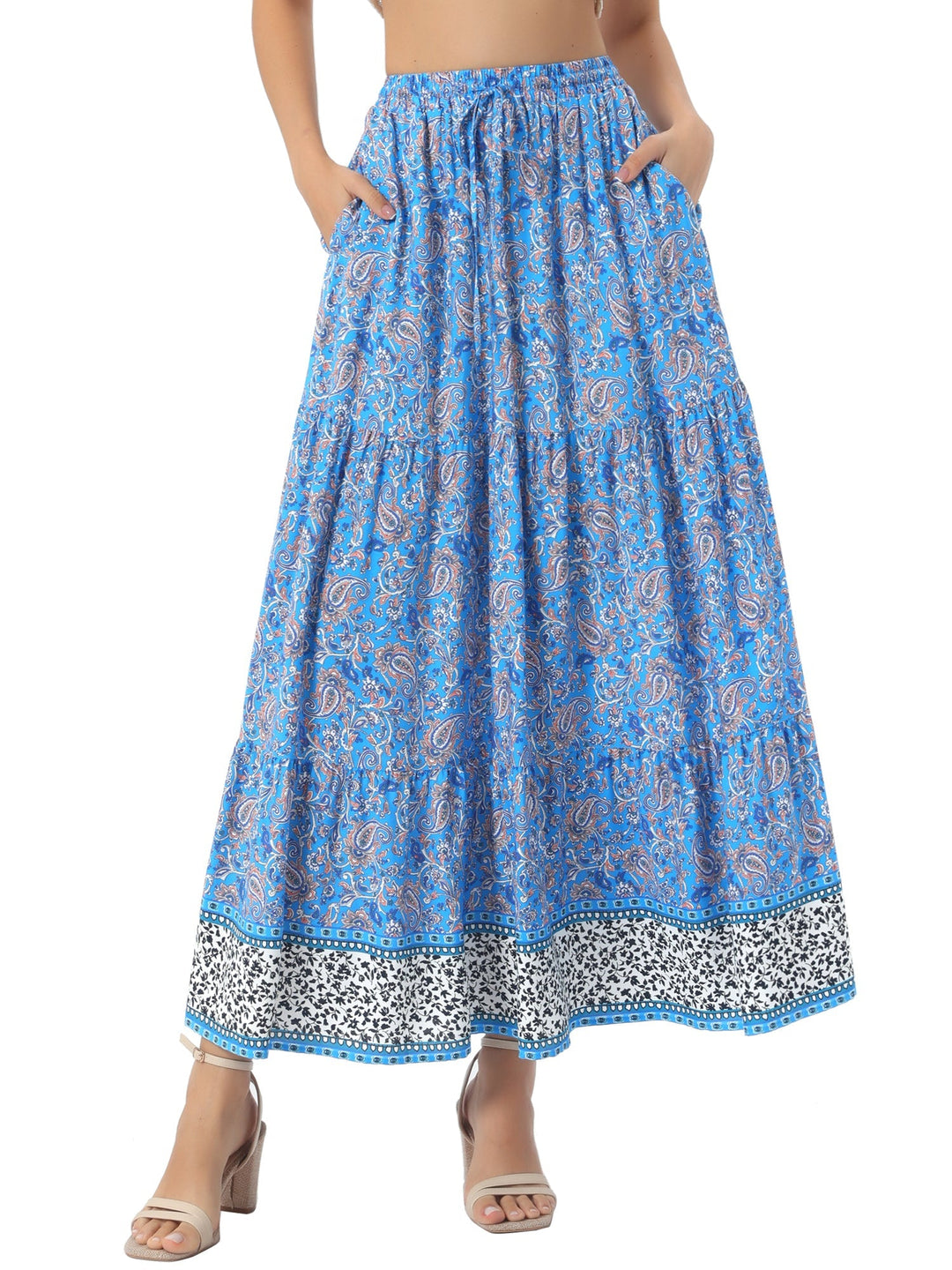Women's high waist printed maxi skirt, flowing fabric, with a stylish side slit.