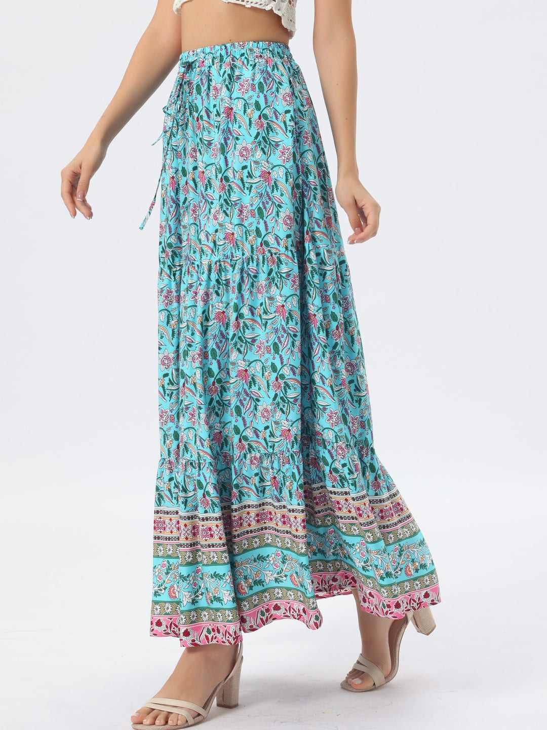 Elegant flowing printed high waist maxi skirt, women's fashion, with a versatile side slit.
