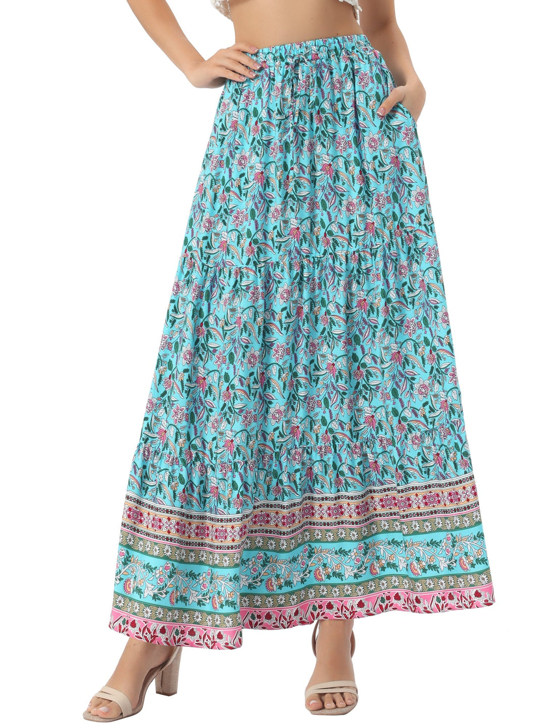 Summer women's high waist printed maxi skirt, flowing and comfortable with a side slit.