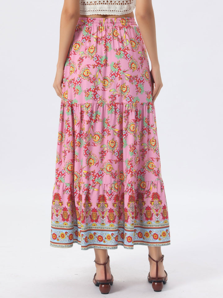 Casual flowing printed high waist maxi skirt, perfect for everyday style with a side slit.