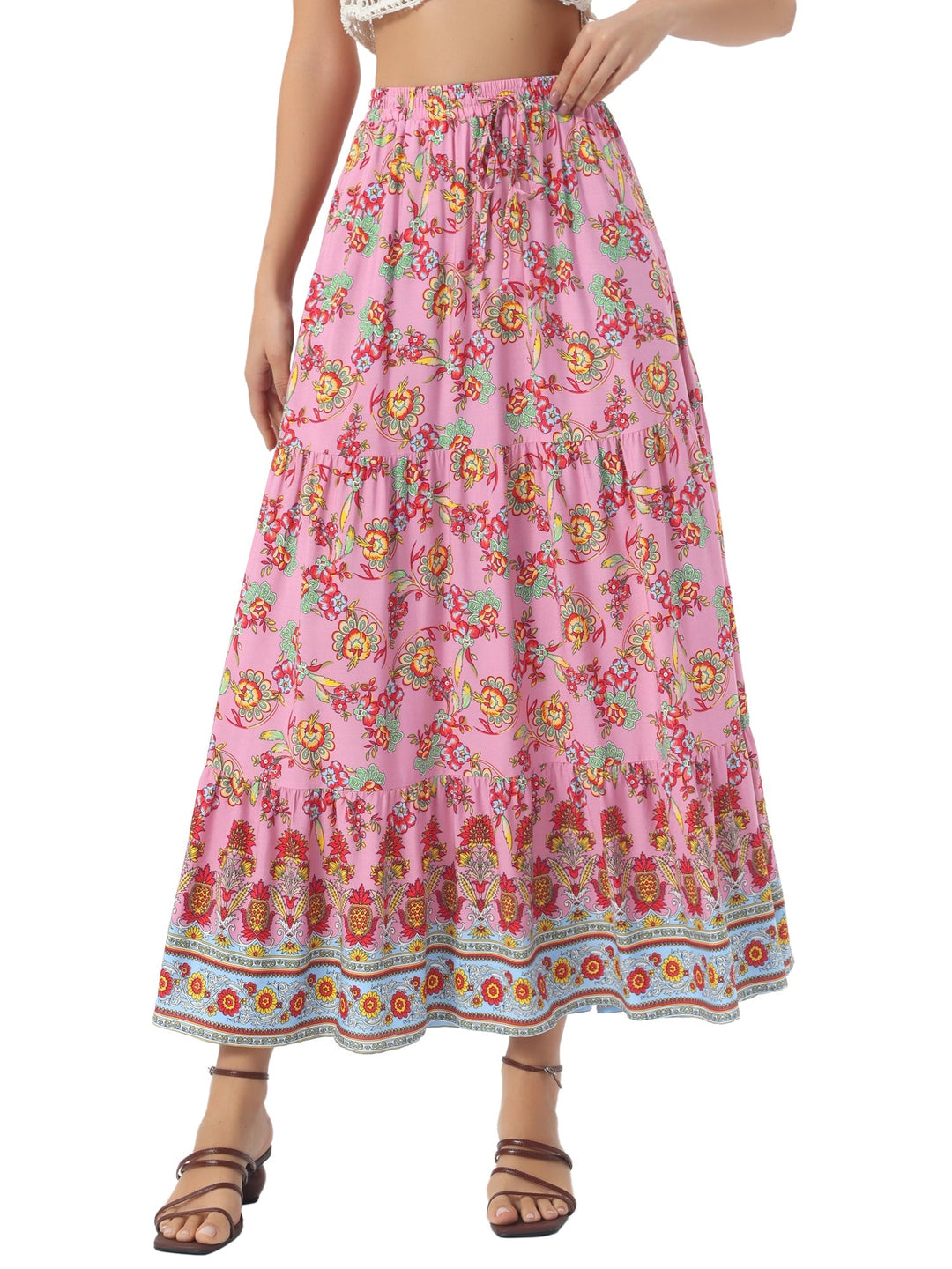 Bohemian printed high waist maxi skirt, flowing design, versatile for summer vacation.