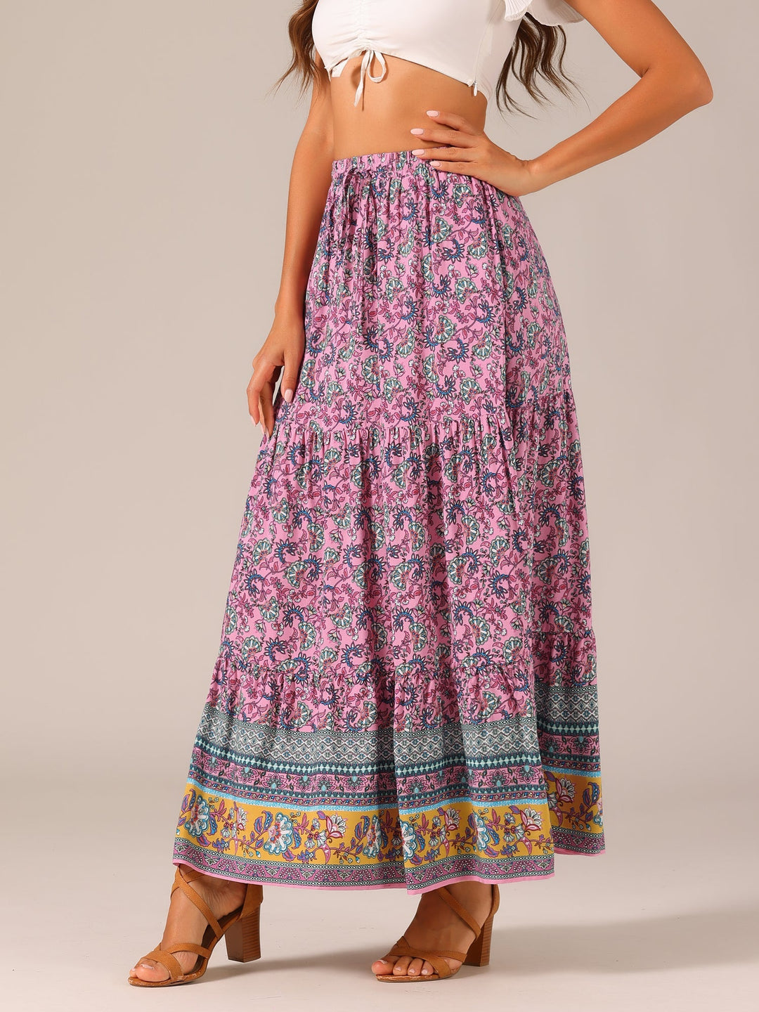 Printed bohemian maxi skirt for women, high waist and flowing side slit, vacation ready.