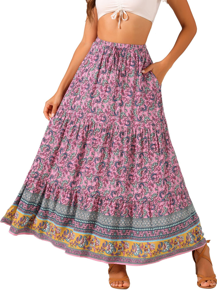 Casual high waist printed maxi skirt with a flowing side slit, great for summer fashion.