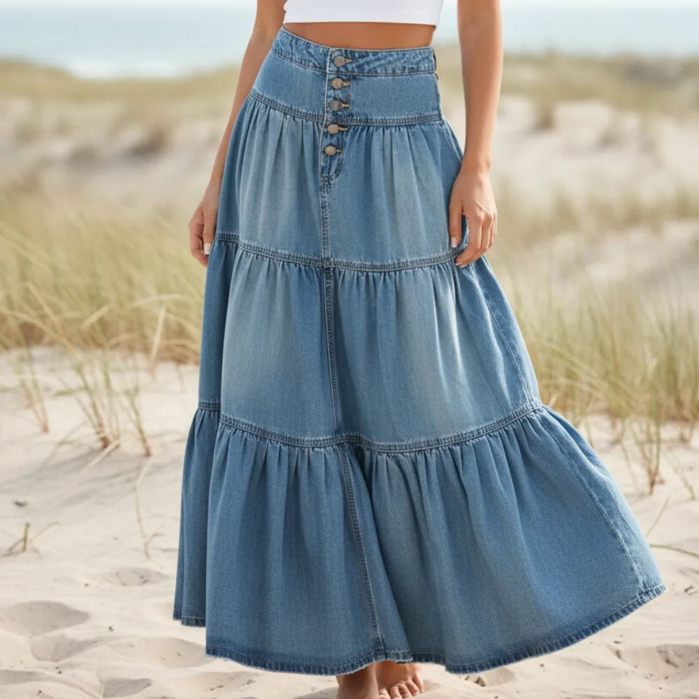 Women's high waist ruffled maxi skirt, perfect for bohemian summer, festival, or beach wear. Flowy long skirt.