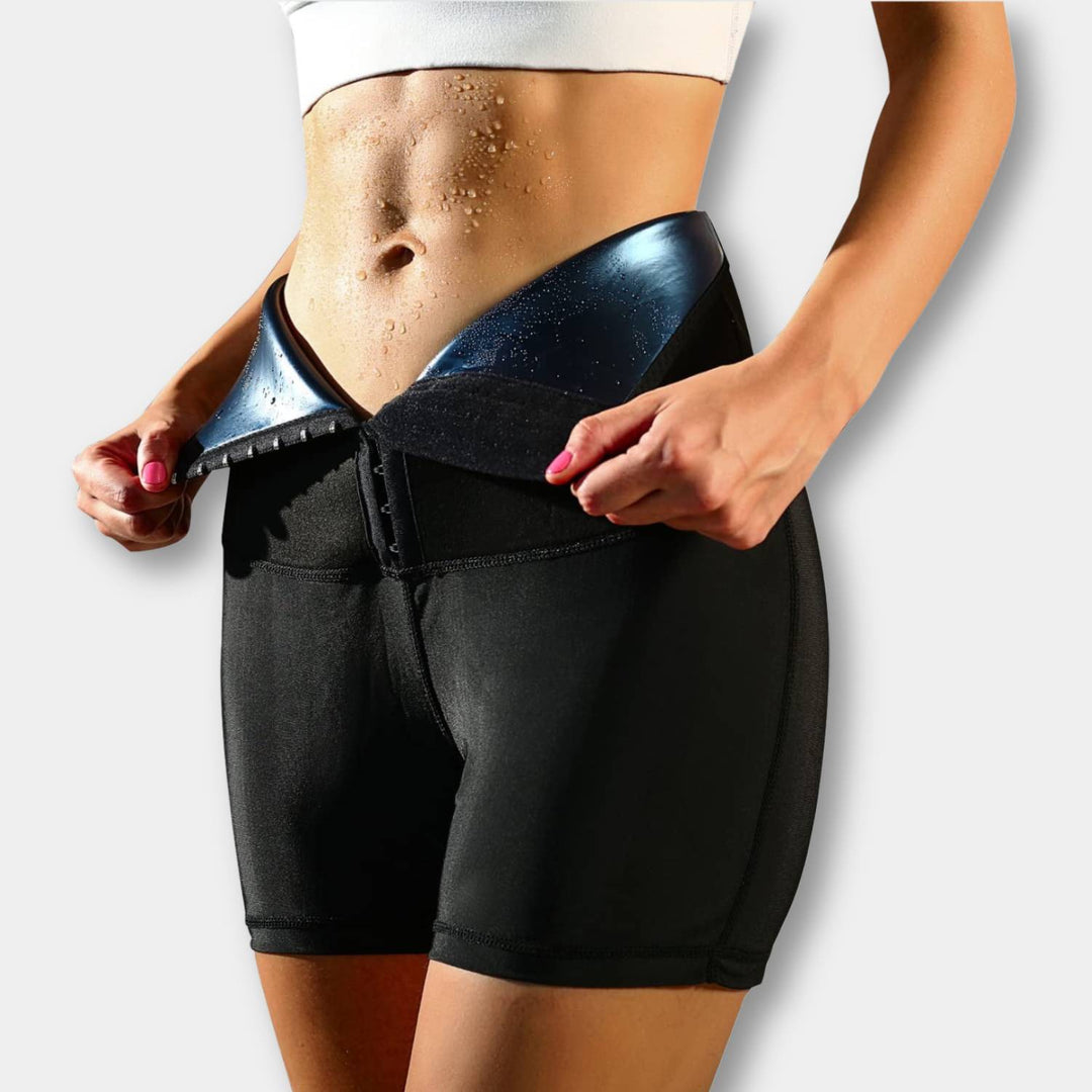 Women's high waist sauna sweatpants with built-in waist trainer for enhanced workout & slimming.