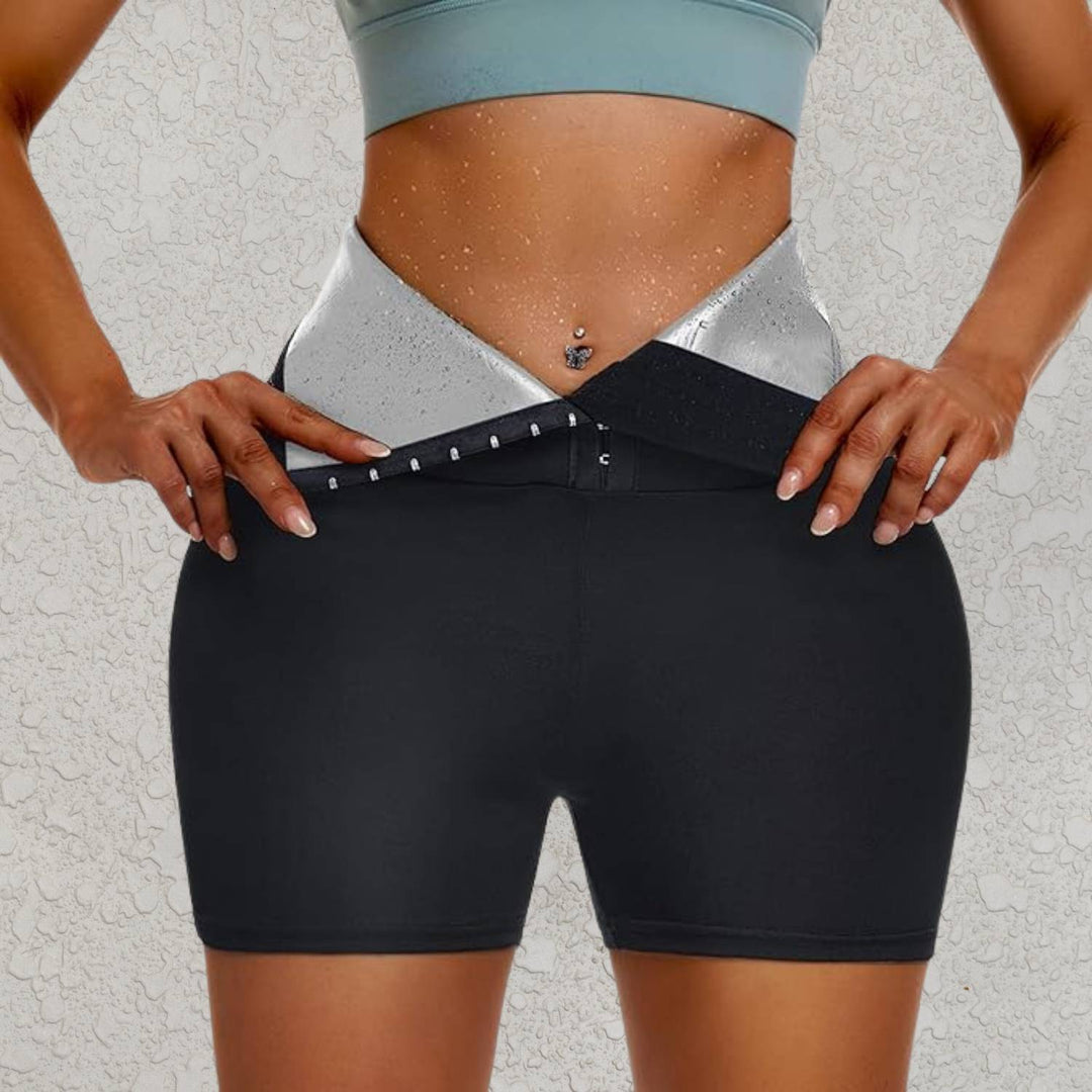 Women's activewear high waist compression leggings, acting as sauna sweatpants for intense workouts.
