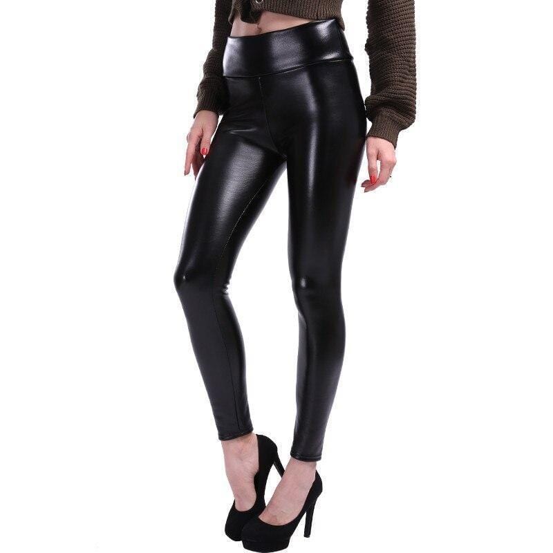 Women's high-waist sculpting black faux leather leggings, perfect for sleek, stylish everyday wear.