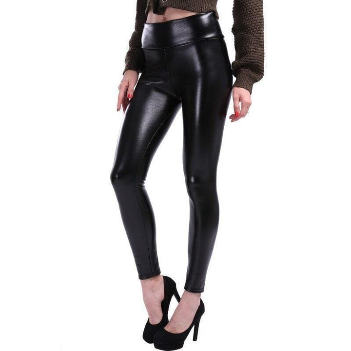 Women's high-waist sculpting black faux leather leggings, perfect for sleek, stylish everyday wear.