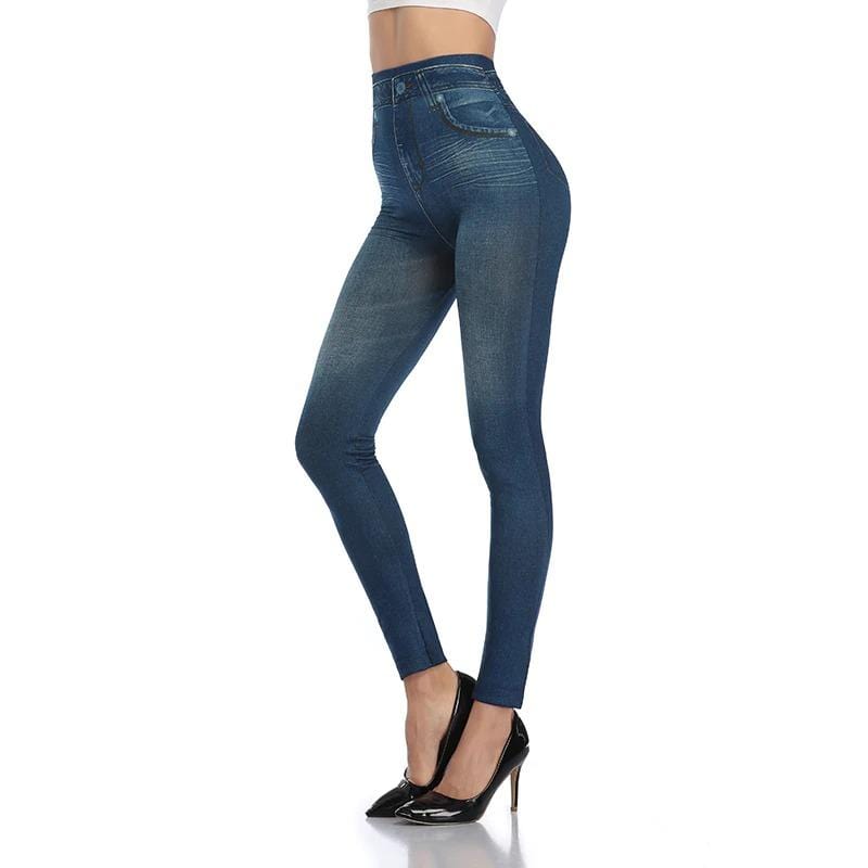 Denim-look high-waist shaping jeans leggings for women, stretchy and comfy for a sleek slim fit.