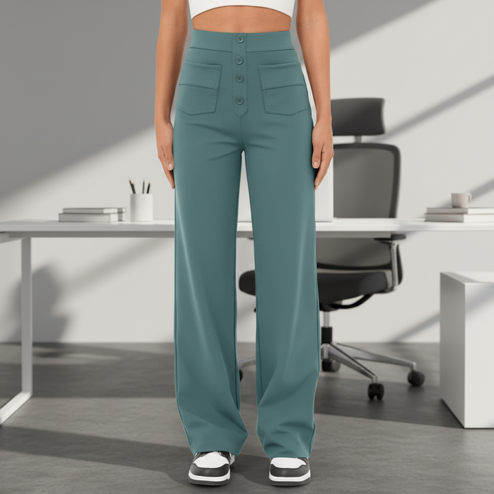 Women's high waist straight leg trousers in a stretch fabric, perfect for casual or elegant wear.