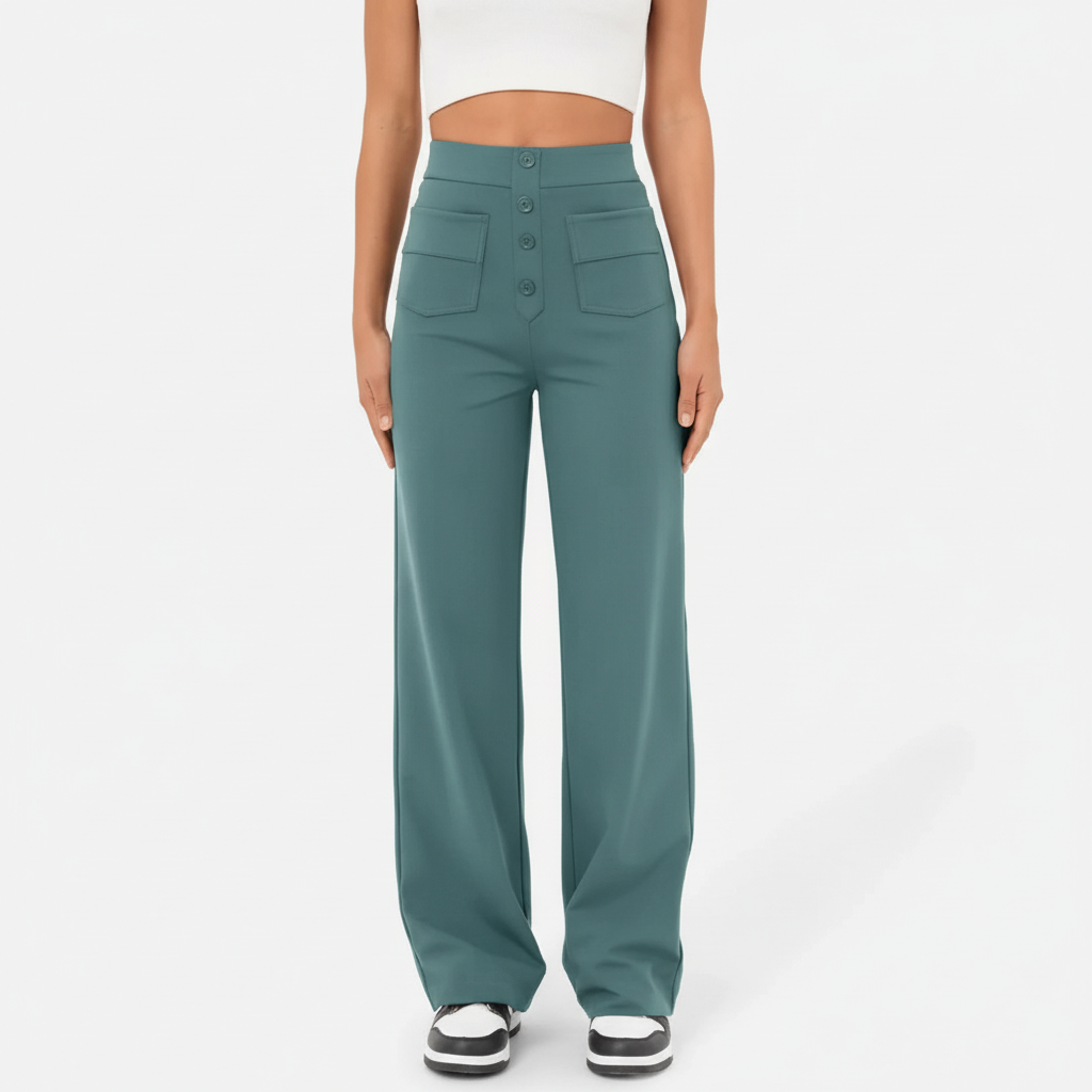 Fashionable women's high waisted straight leg trousers, a versatile and comfortable clothing item.