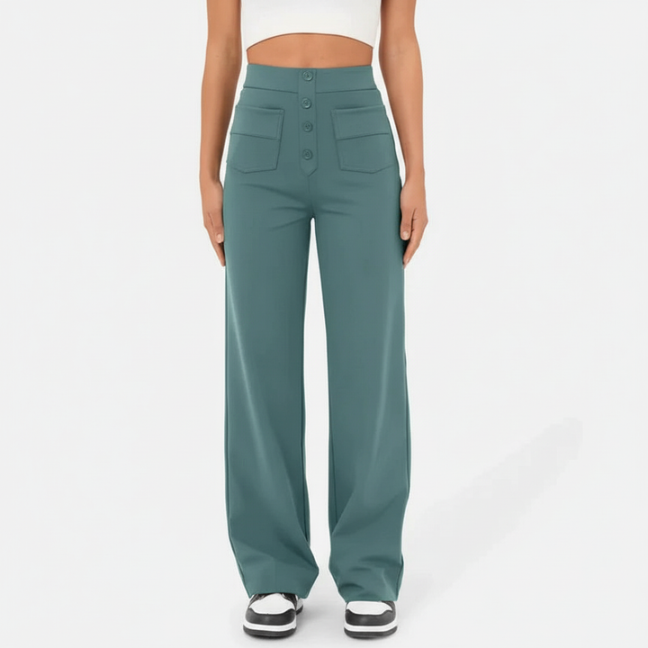 Comfortable women's high waist trousers with a straight leg and stretch fabric, ideal for daily wear.