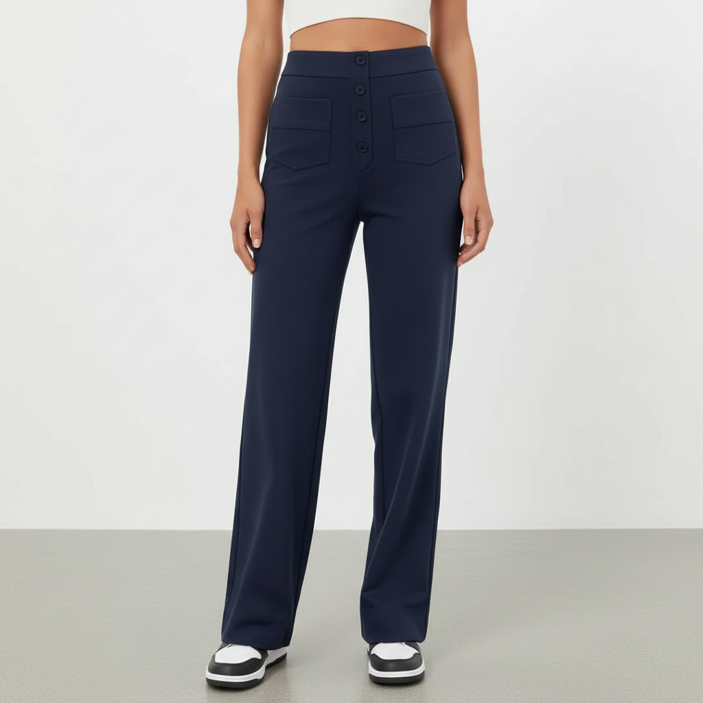 Women's multipocket high waist straight leg trousers, combining practicality with elegant design.