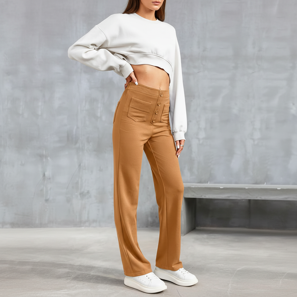 Stretch fabric high waist straight leg trousers for women, ensuring comfort and a sleek silhouette.