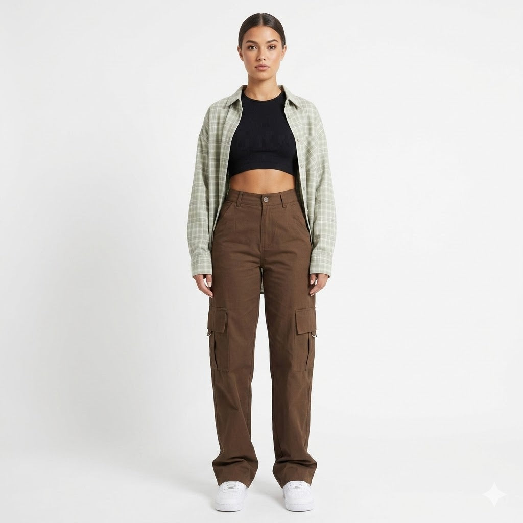 Women's high waist wide leg cargo pants, casual streetwear style with spacious utility pockets.