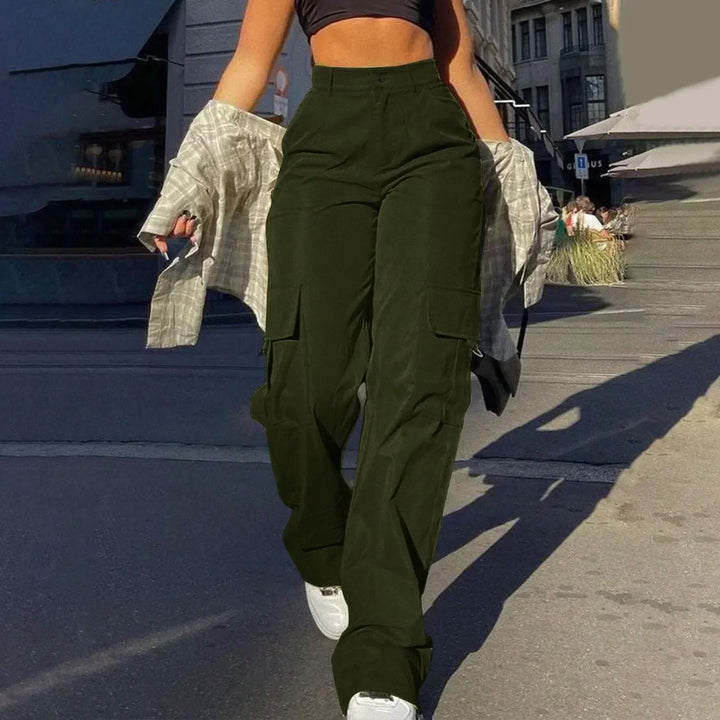 Women's high waist wide leg bottoms, comfortable cargo pants with utility pockets for a modern streetwear look.