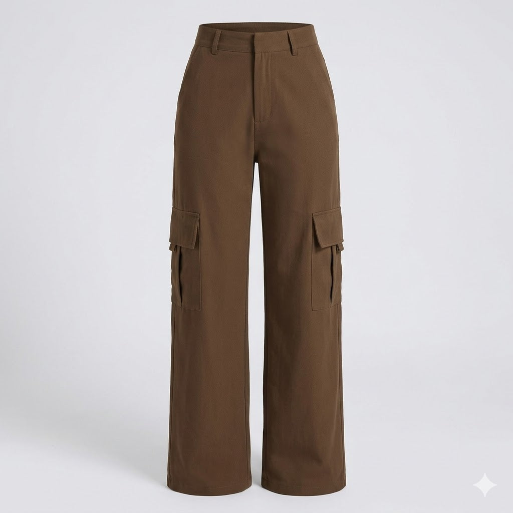 Trendy women's wide leg cargo pants, high-waisted for a flattering, relaxed streetwear fit.