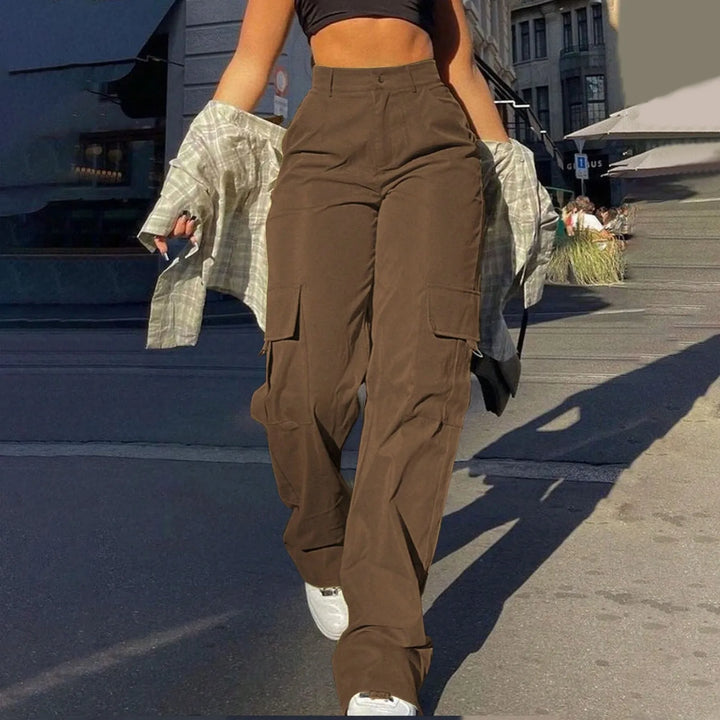 Functional high waist wide leg cargo pants for women, featuring multiple utility pockets, perfect for streetwear.