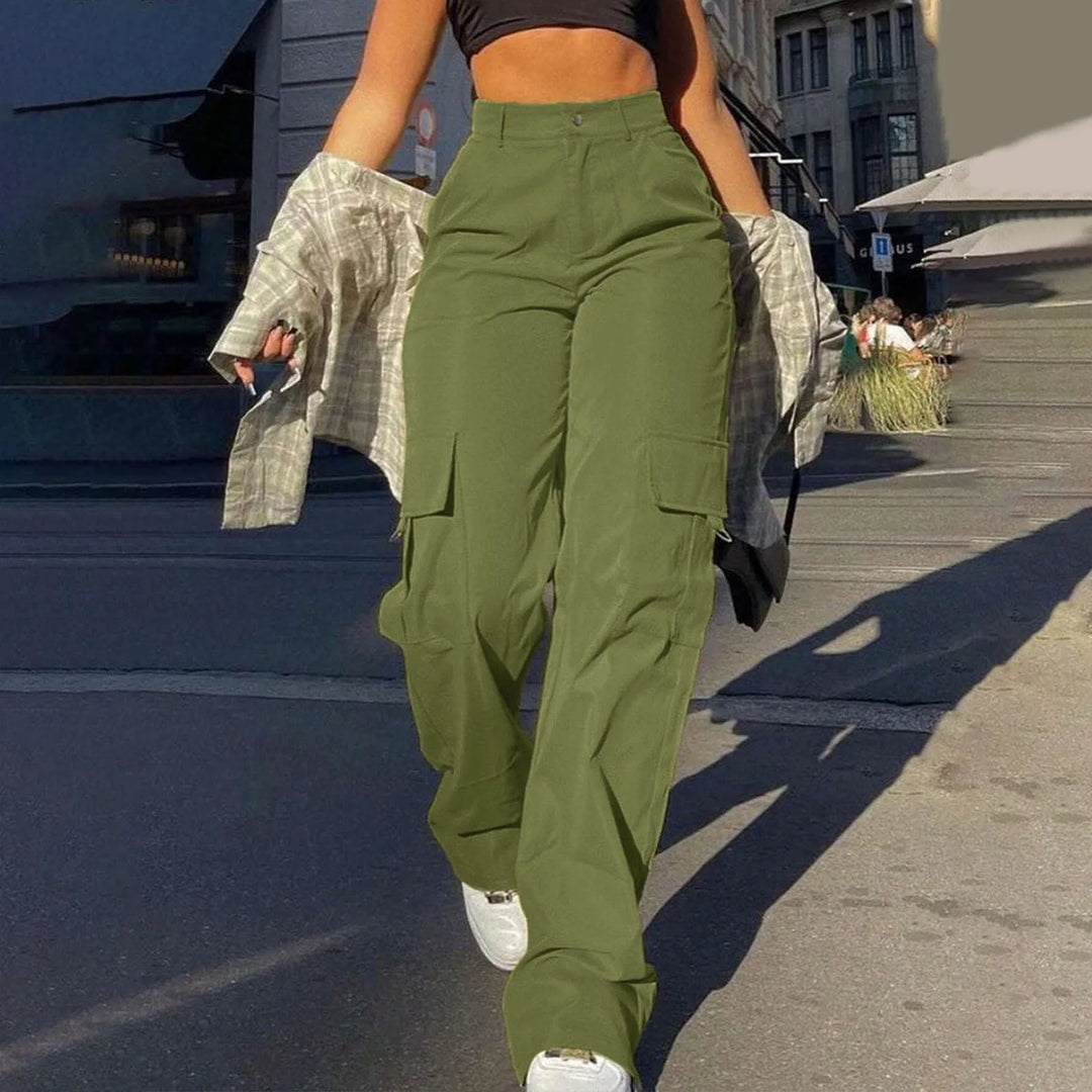 Stylish women's high waist wide leg cargo pants, featuring a comfortable relaxed fit and trendy utility pockets.
