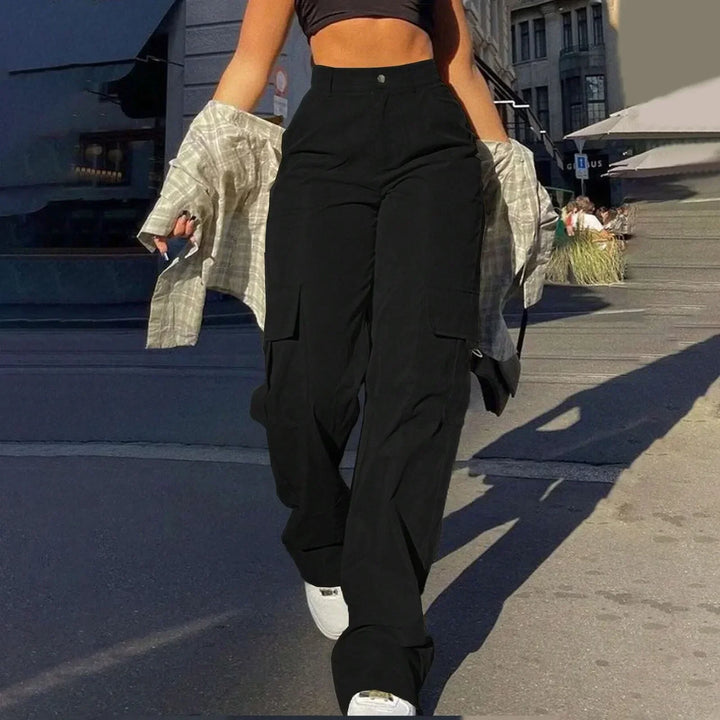 Casual streetwear women's high waist wide leg cargo pants, perfect for a relaxed yet fashionable outfit with pockets.