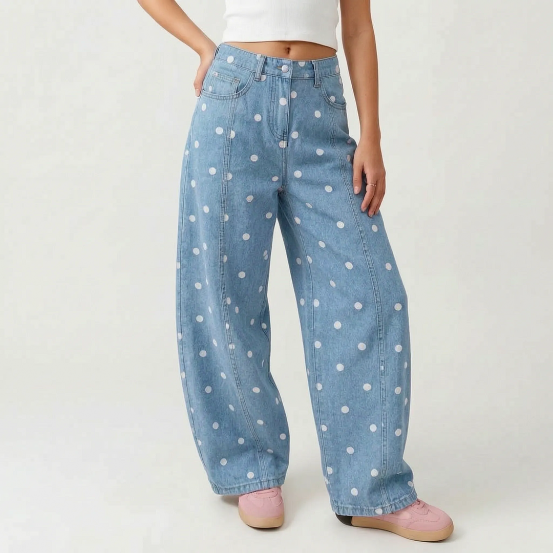 Chic dotted print women's barrel leg pants, high-waisted and relaxed fit for trendy everyday wear.