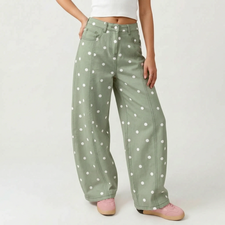 Polka dot high-waisted barrel leg women's pants, relaxed and trendy for versatile casual outfits.
