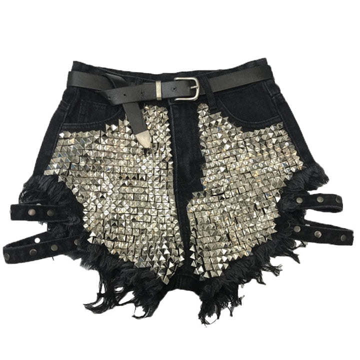 Women's high-waisted denim shorts with frayed hems & silver stud details for an edgy summer street style.