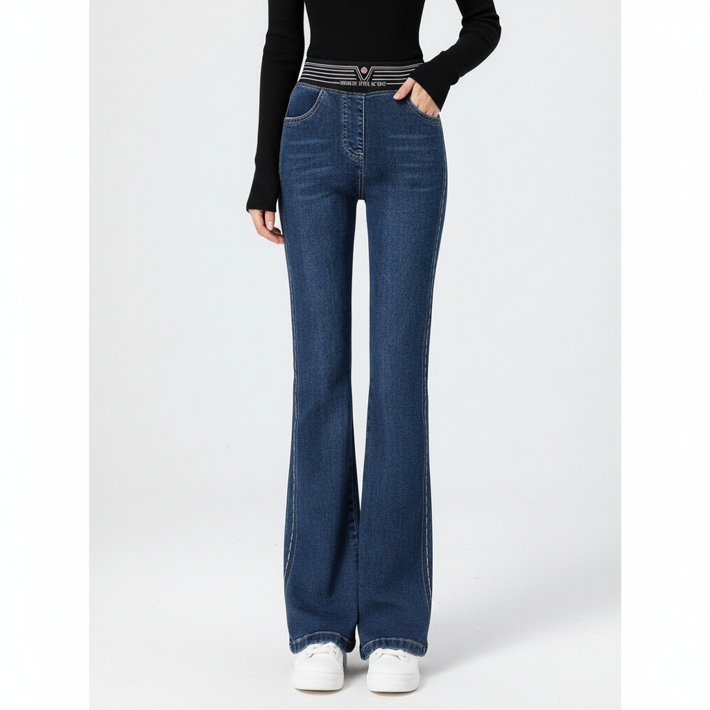 Chic and comfortable women's high-waisted stretch denim flared jeans for fashion-forward style.