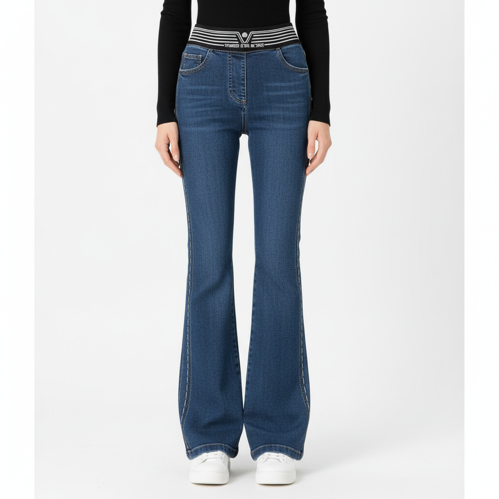 Stylish women's high-waisted flared denim jeans offering comfort and a chic, all-season fit.