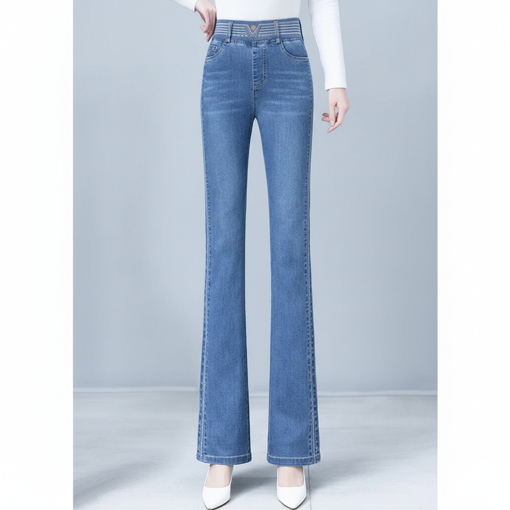 Classic high-waisted flared denim jeans for women, ideal for a comfortable and fashionable outfit.