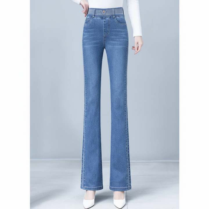 Classic high-waisted flared denim jeans for women, ideal for a comfortable and fashionable outfit.