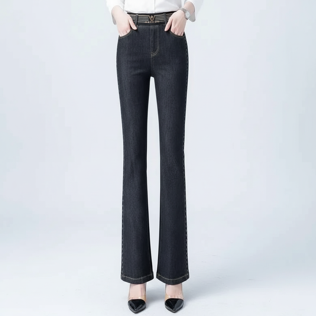 Women's stretch denim high-waisted flared jeans, a must-have for chic and casual style.