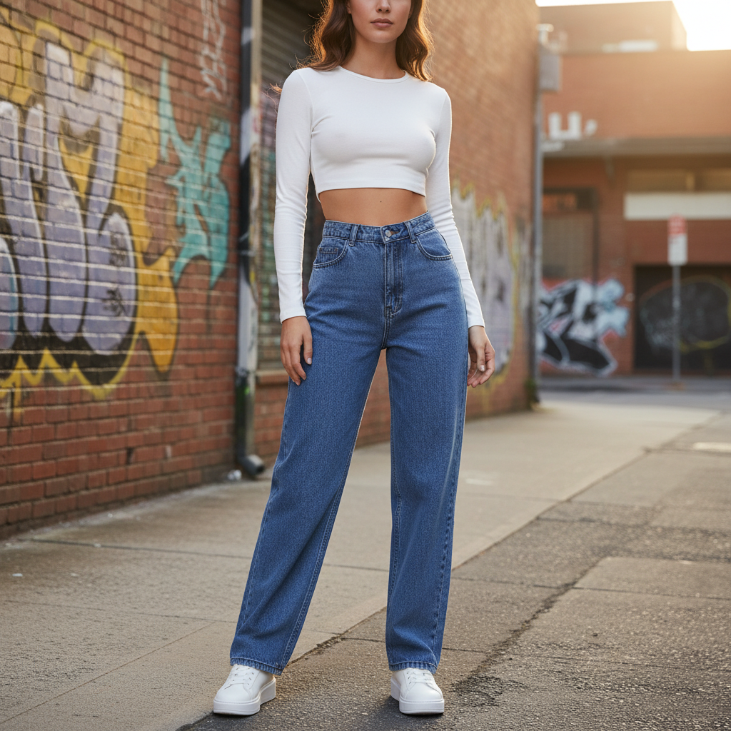 Women's high-waisted loose-fit denim jeans in a light wash, perfect for casual wear