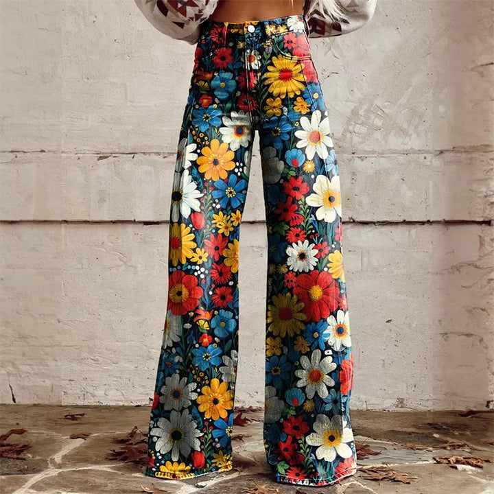 Women's high-waisted patterned denim jeans, flared wide-leg style for a trendy, comfortable fit.