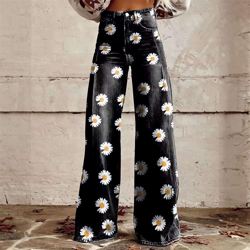 Boho-style women's patterned flared denim jeans with a high waist, featuring a unique floral print.
