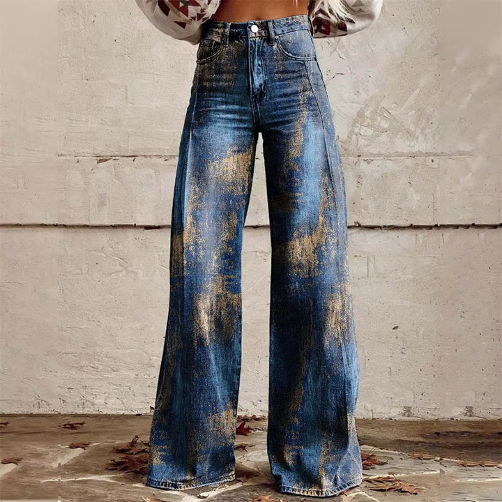 Celestial print high-waisted flared denim jeans for women, offering a stylish wide-leg and comfortable fit.