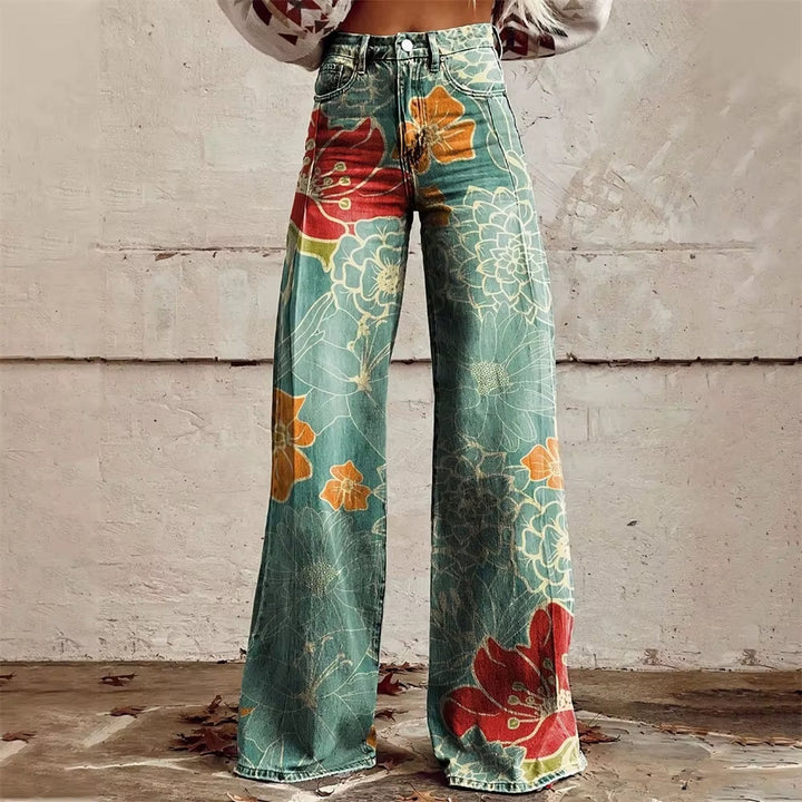 Statement women's patterned high-waisted flared denim jeans, perfect for casual fashion with a wide-leg cut.