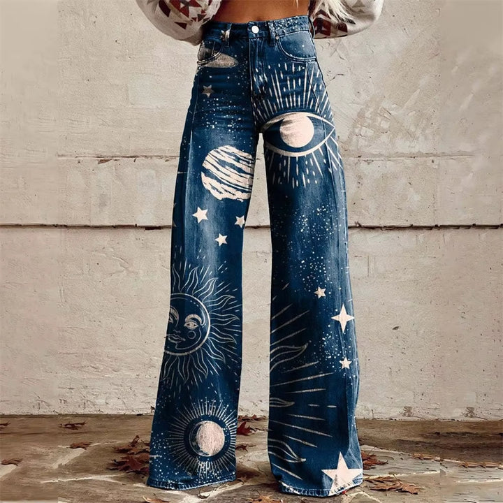 Comfortable women's high-waisted patterned wide-leg flared denim jeans, versatile for boho & casual outfits.