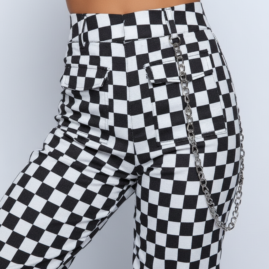 Patterned high-waisted women's pants in a plaid design, showcasing comfortable apparel