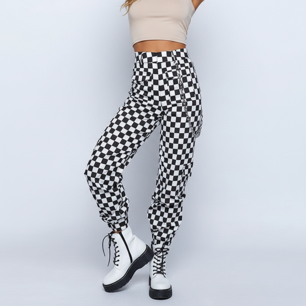 Fashionable women's bottoms: high-waisted plaid trousers, Miriam design, for versatile styling