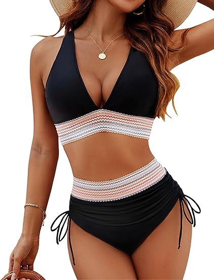 Model wearing Solaris high-waisted tummy control bikini set, ideal for confident beach fashion