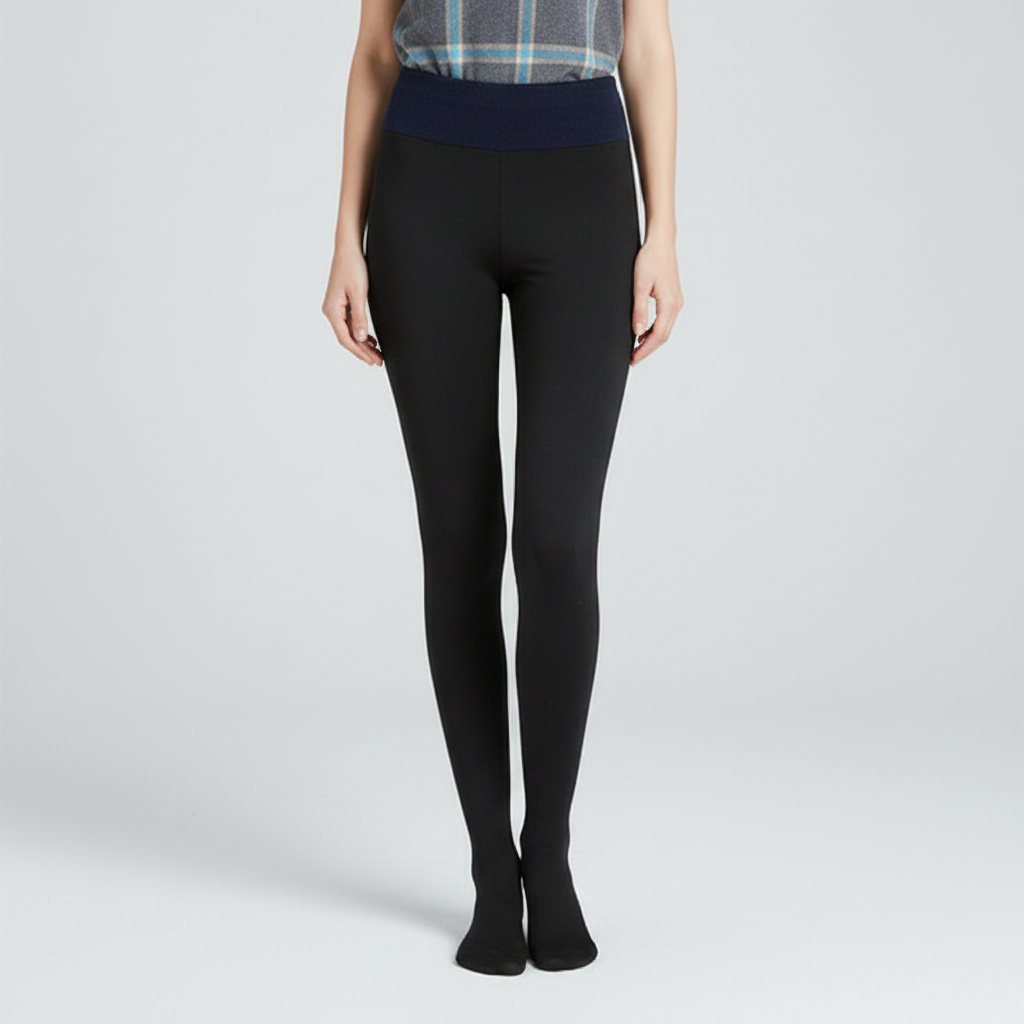 Close-up of plush velvet texture on high-waisted women's leggings, comfortable and warm.