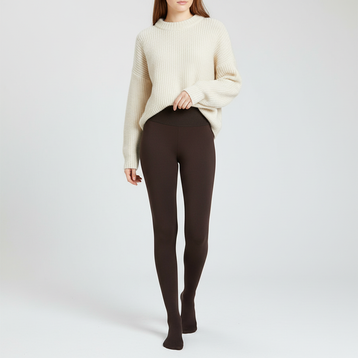 Model wearing black high-waisted velvet leggings; comfortable, warm, and perfect for casual wear.