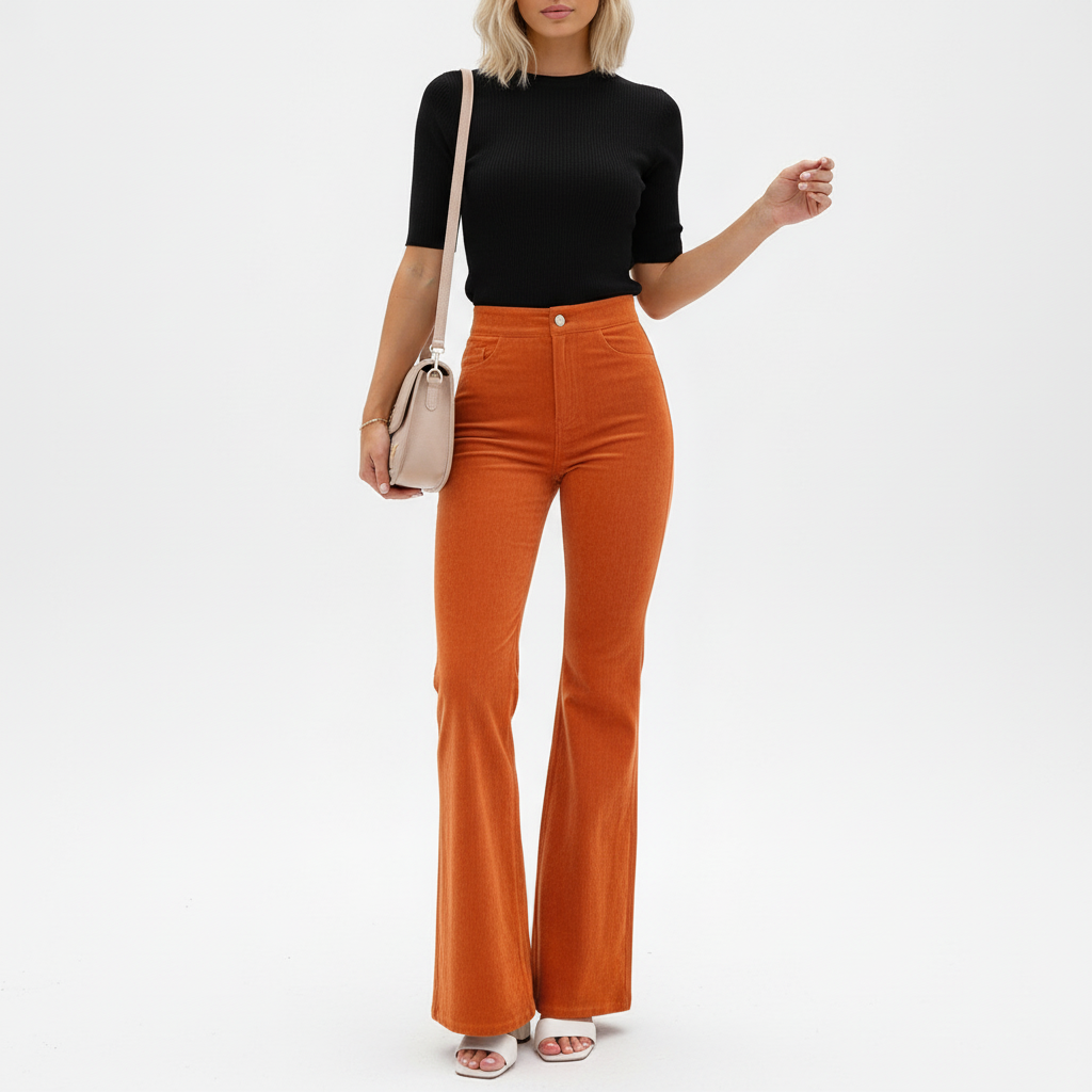 Full shot of women's autumn corduroy trousers, high-waisted and wide-leg for a sophisticated look