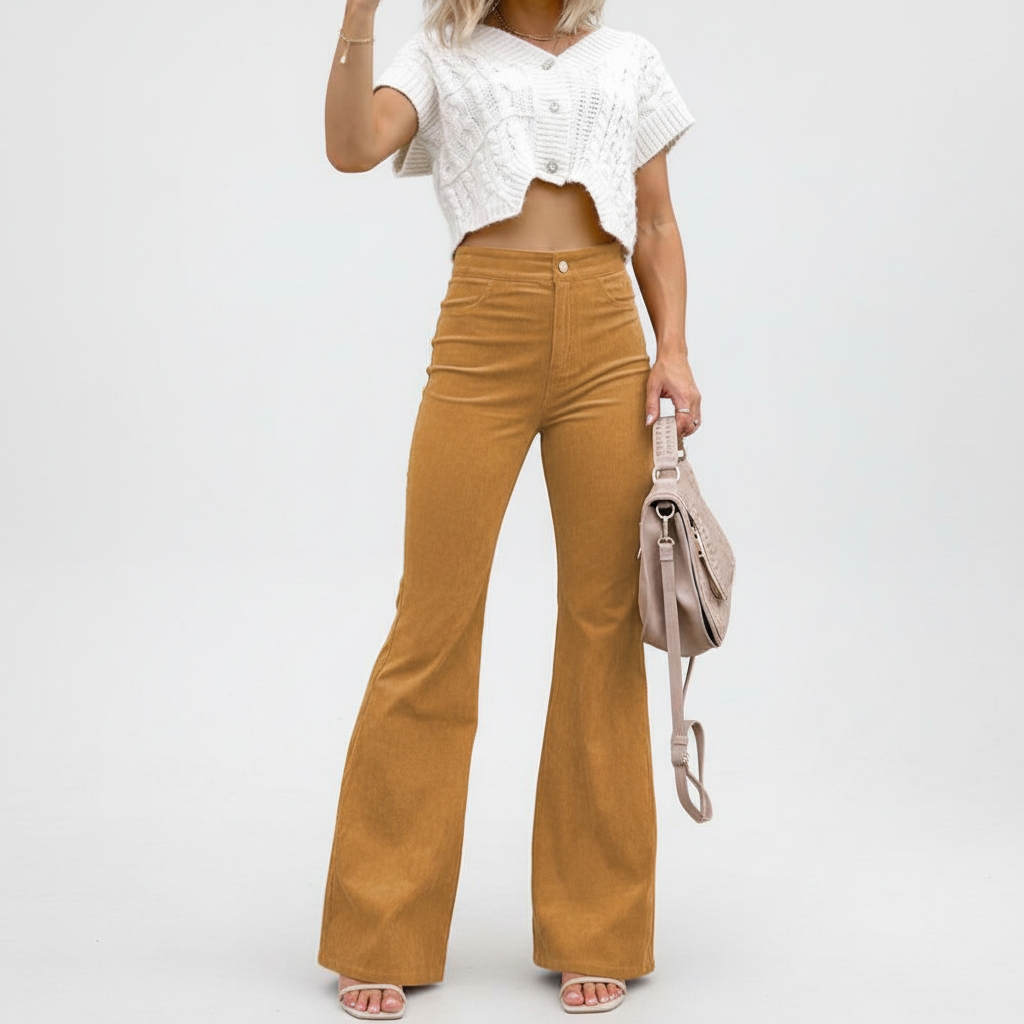 Back view of women's wide-leg corduroy pants, showcasing the flattering high-waisted silhouette
