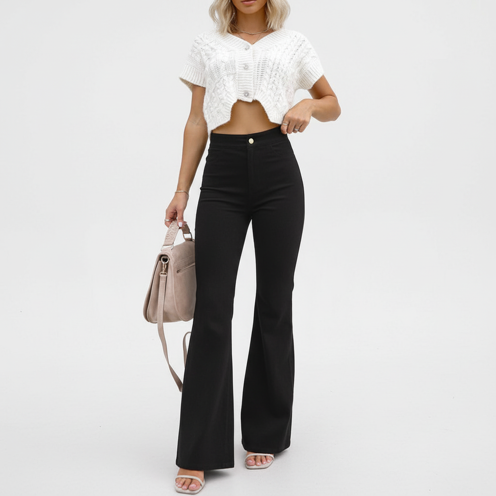 Sustainable women's flared corduroy trousers in a high-waisted style, great for autumn-winter wardrobe